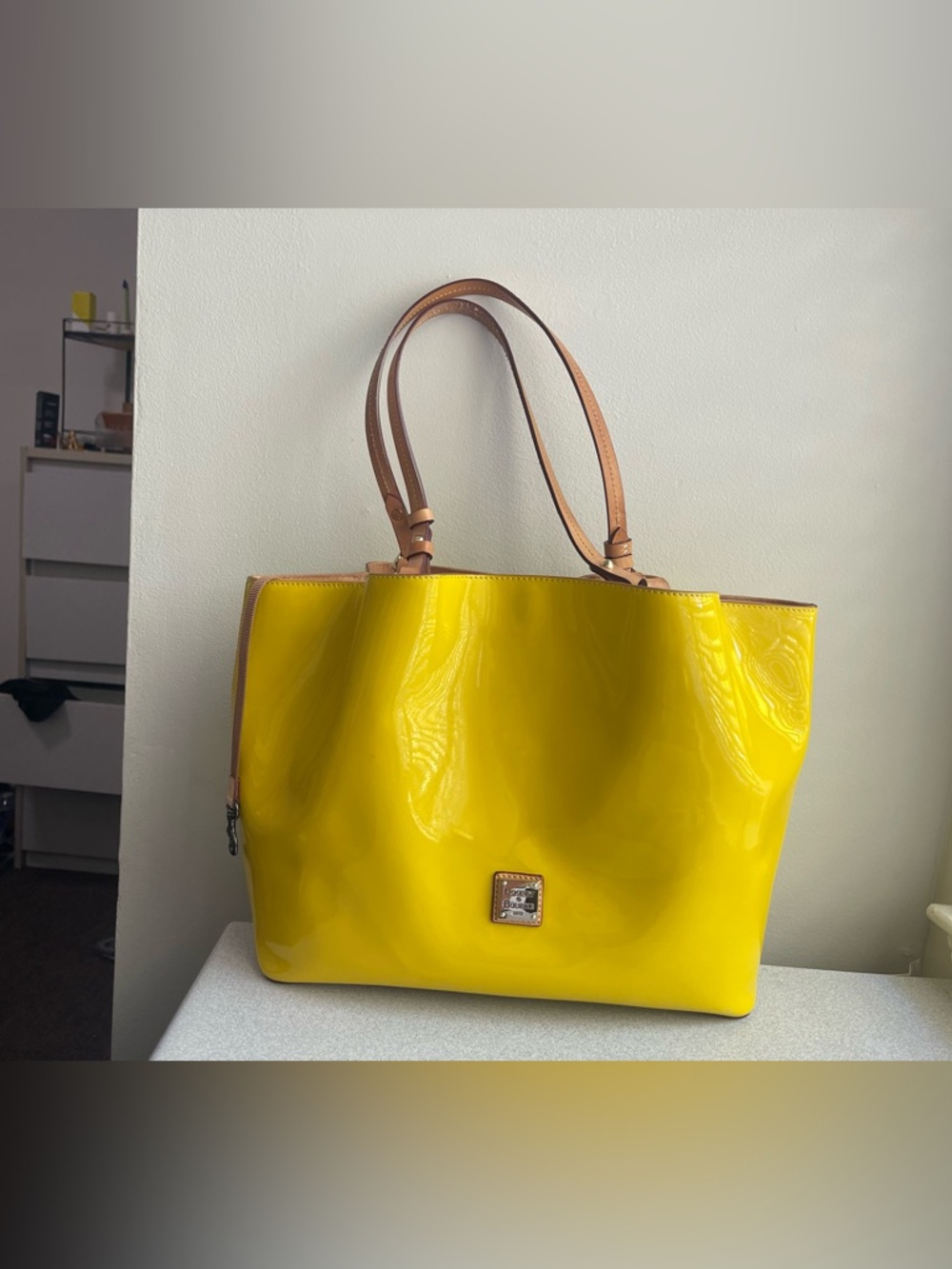 Dooney & Bourke YELLOW Patent Tote with Tan Leather Straps